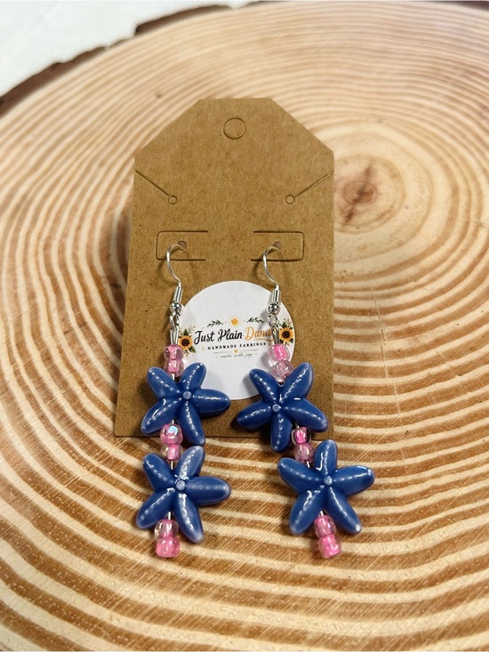 Handmade Jewelry - Blue Starfish Dangle Earrings Pink Beaded ocean Cottagecore Boho Jewelry